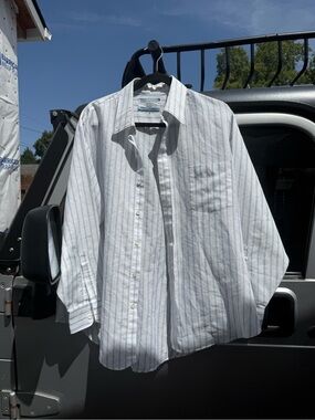 Vintage Sears Men's White Button-Up Shirt with Subtle Blue Stripes